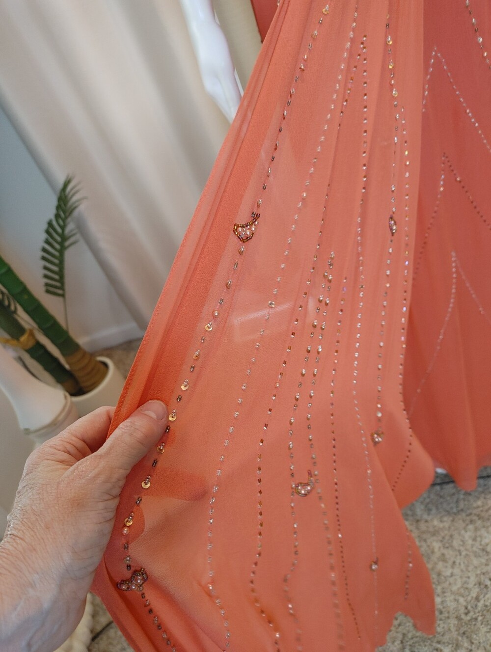 VINTAGE SUE WONG SILK BEADED FORMAL DRESS, CORAL 10 - Picture 5 of 16